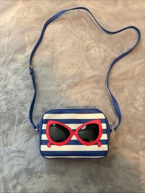 kate spade Blue White Striped Crossbody with Red Sunglasses Appliqué
